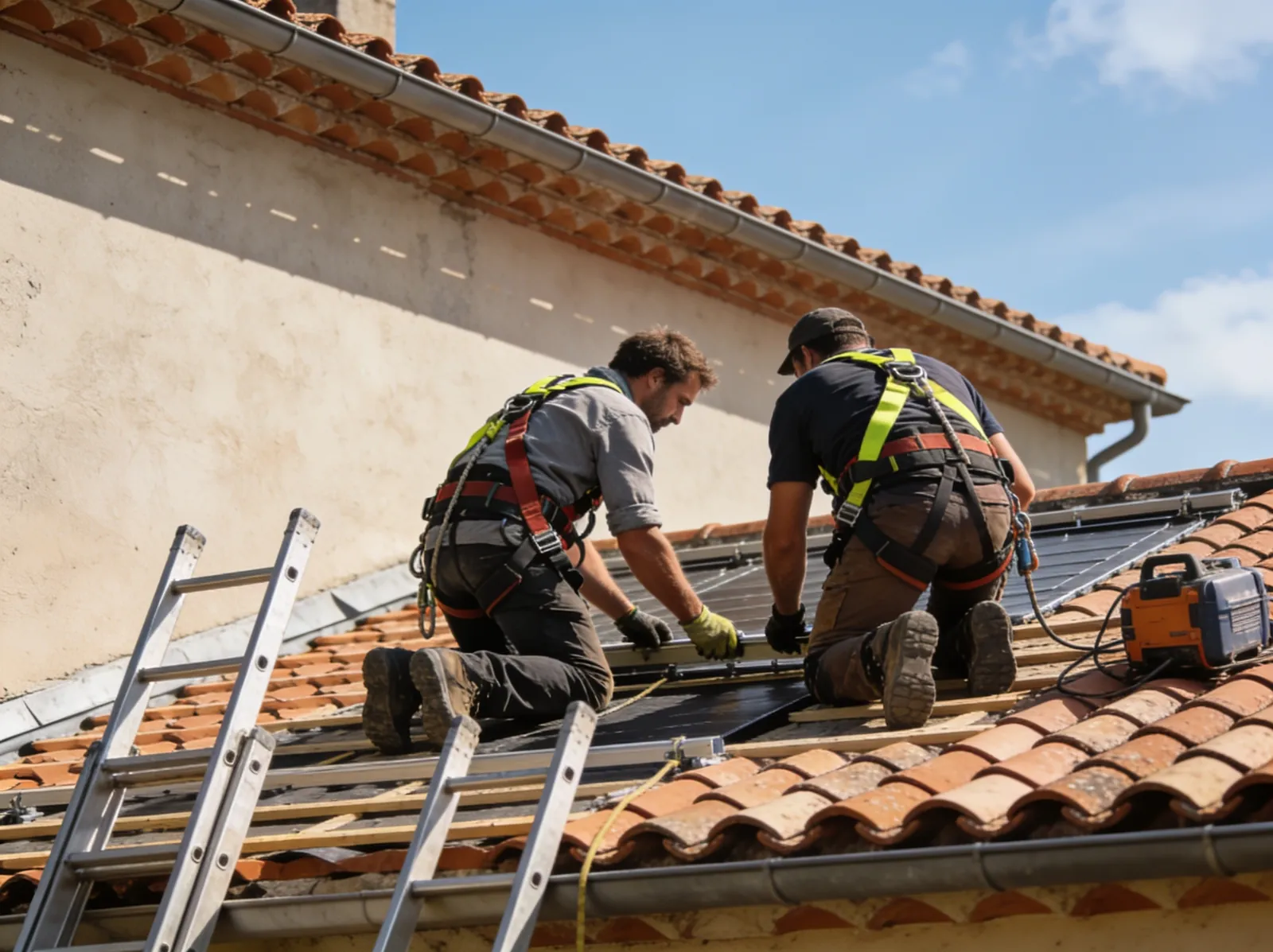Équipe de couvreurs sur un chantier de toiture